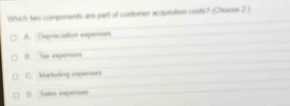 Which two components are part of customer acquisition costs? (Choose 2 )
A. Deprociation expenses
= Te exgenses
C. Meitoting axpenses
D Sales experses