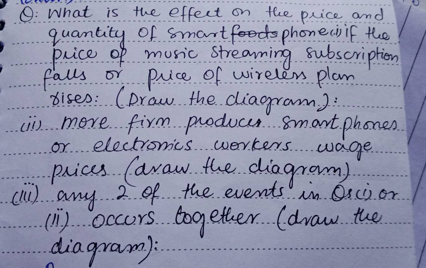 0: What is the effect on the price and 
quantity of smartfoods phone( if the 
price of music streaming subscription 
faus or price of wirelen plan 
disen: (Draw the diagram) 
(1) more firm producs smort phones 
or electromcs werkers wage 
prics (araw the diagram) 
(l1) any 2 of the events in Oscior 
(1) occors together (draw the 
diagram):