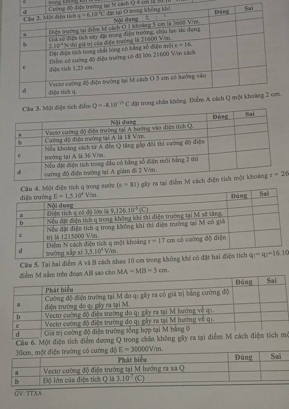 trong không kh  l
tại N cách Q 4 cm là 30.10
(varepsilon =81) gây ra tại 
Câu 5. Tại hai điểm A và B cách nhau 10 cm
sao cho MA=MB=5cm.
Câu 6. Một điện tích điểm dương Q trong chân khôngộ
GV: TTXA