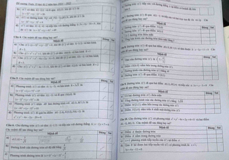 Đi cuơng li 2691=262
Dưng qa cc 1 Gập xứ với dựơng thắng A tại diểm có boành độ lai
% Dưượng tper (6) đi quaa #(2; D. và tếp một với ha
Duim 42;().8(-);1) có thn th
Dường tròn (C) đi qua hai diễm .4(12),BU;4) và tiếp xùc A 3x+y-3=0 Các
hay sai?
. Cho đường tròn (C) có phương trình x^2+y^2-6x+2y+6=0 và hai điểm
Cầu t, Cho dường tòn (t'') có tâam I(-0.) và tiếp xức với đường thắng △ :x-2y+7=0 81-(1,8(1,3) Các mệnh đề sau đúng hay sai?