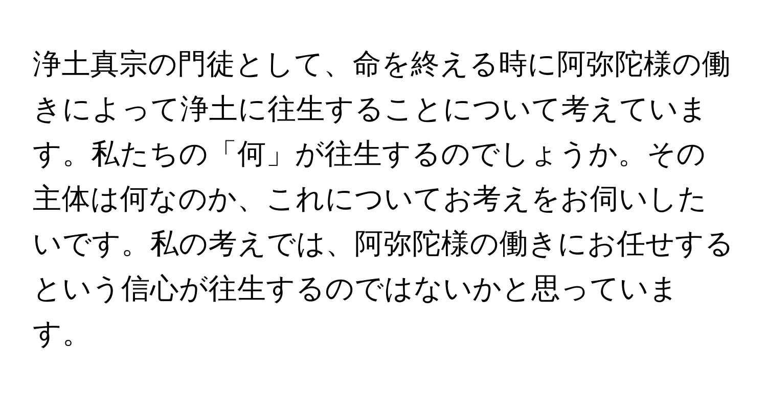 浄土真宗の門徒として、命を終える時に阿弥陀様の働きによって浄土に往生することについて考えています。私たちの「何」が往生するのでしょうか。その主体は何なのか、これについてお考えをお伺いしたいです。私の考えでは、阿弥陀様の働きにお任せするという信心が往生するのではないかと思っています。