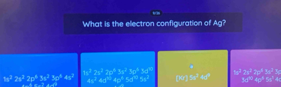 What is the electron configuration of m g?
1s^22s^22p^63s^23p^63d^(10)
1s^22s^22p^63s^23p
1s^22s^22p^63s^23p^64s^2 4s^24d^(10)4p^65d^(10)5s^2 U 5s^24d^9 3d^(10)4p^65s^14
x-(1)(x+2)(x+1)
□ 