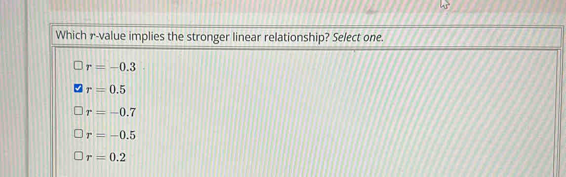 Which r -value implies the stronger linear relationship? Select one.
r=-0.3
r=0.5
r=-0.7
r=-0.5
r=0.2