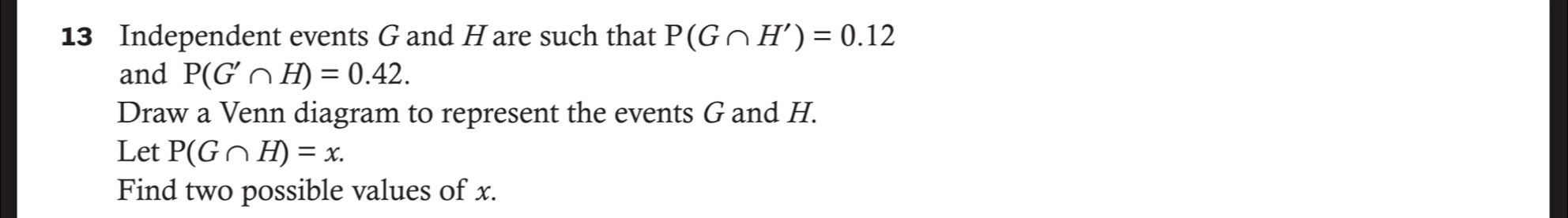 Independent events G and H are such that P(G∩ H')=0.12
and P(G'∩ H)=0.42. 
Draw a Venn diagram to represent the events G and H. 
Let P(G∩ H)=x. 
Find two possible values of x.