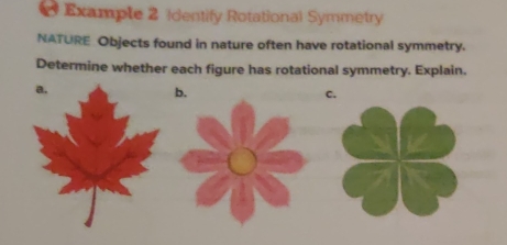 Example 2 Identify Rotational Symmetry 
NATURE Objects found in nature often have rotational symmetry. 
Determine whether each figure has rotational symmetry. Explain. 
a. 
b. 
C.