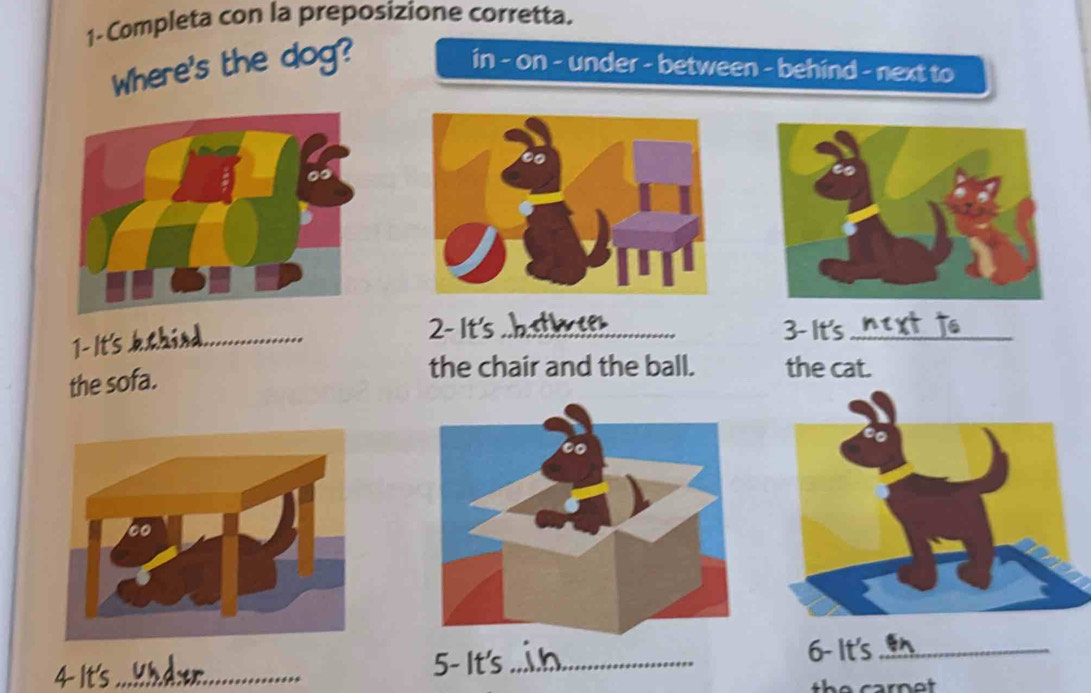 1-Completa con la preposizione corretta. 
Where's the dog? in - on - under - between - behind - next to 
1-It's kahind. 
2- It's _3- It's_ 
the sofa. 
the chair and the ball. the cat. 
its _5- It's_ 
6- It's_ 
th e carn e t