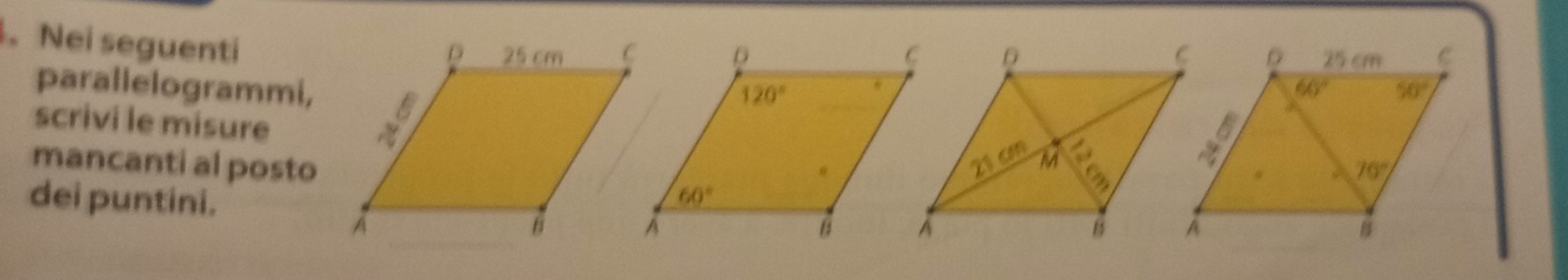 Nei seguenti
parallelogrammi,
scrivi le misure
mancanti al posto
dei puntini.