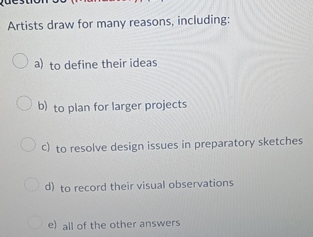 Solved: Artists draw for many reasons, including: a) to define their ...