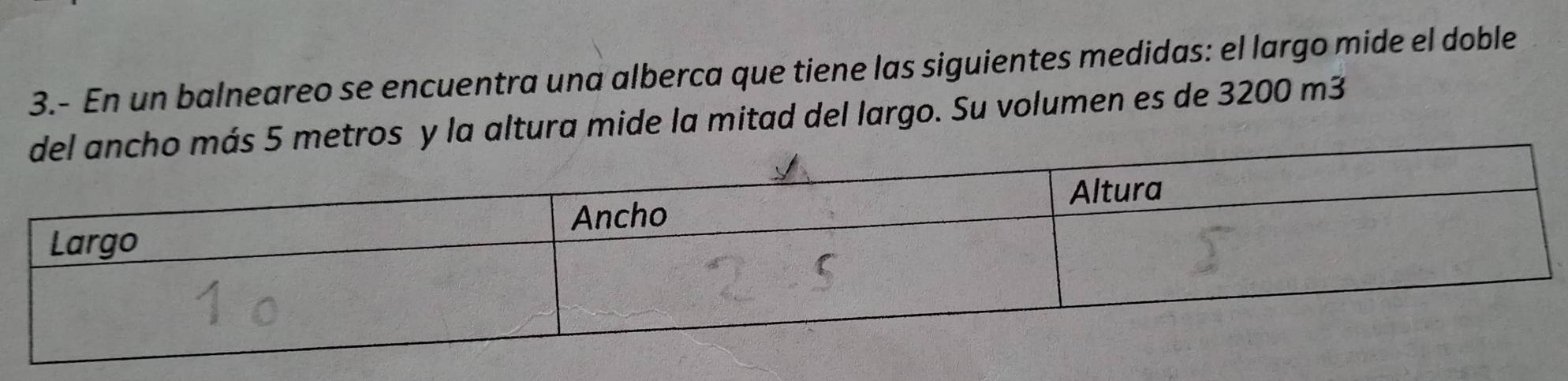 3.- En un balneareo se encuentra una alberca que tiene las siguientes medidas: el largo mide el doble 
ros y la altura mide la mitad del largo. Su volumen es de 3200 m3