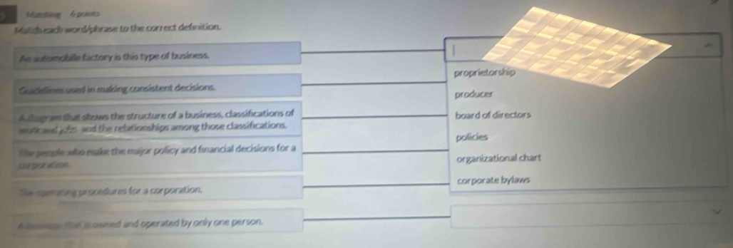 Mutching 6 prints
Match each word/phrase to the correct definition.
Ae sutomobille factory is this type of business.
proprietorship
Guidelines used in making consistent decisions.
producer
A dagram fhut shows the structure of a business, classifications of board of directors
morkand jobs, and the relationships among those classifications.
policies
The people who make the major policy and financial decisions for a
sse pre wases. organizational chart
te sperating procedures for a corporation. corporate bylaws
Kisewnse Shat is owned and operated by only one person.