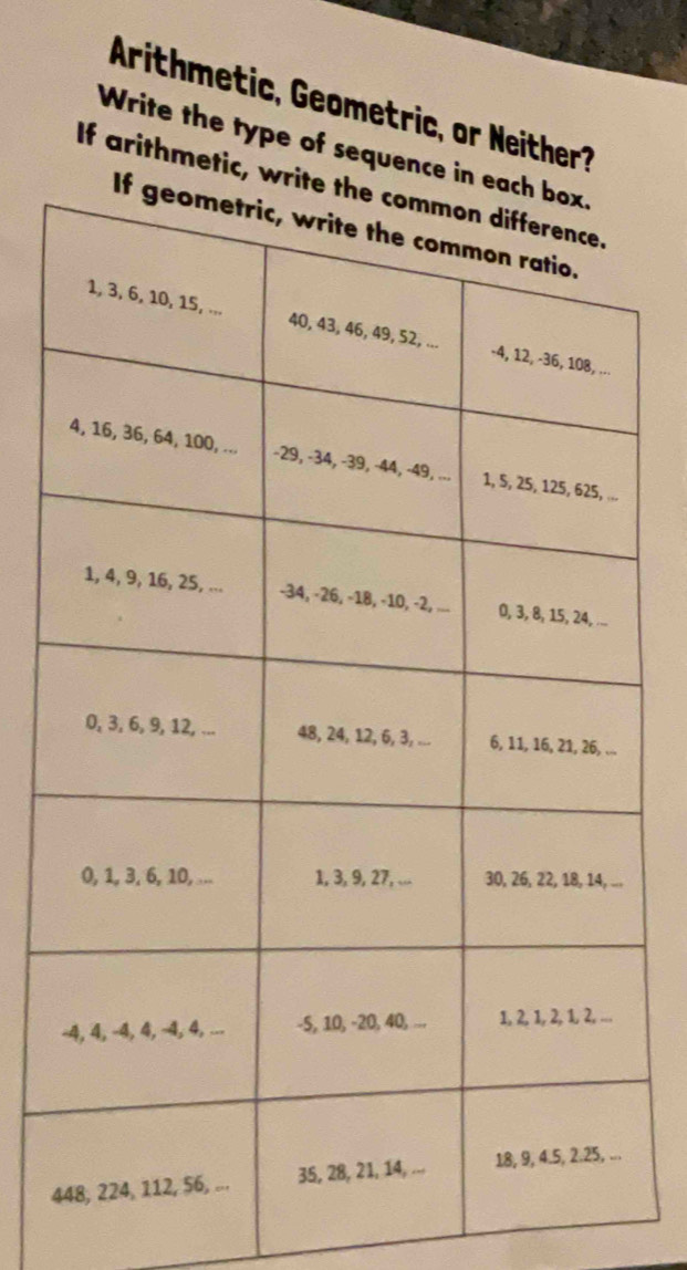 Arithmetic, Geometric, or Neither? 
Write the type of sequence 
If arithmetic, w
4