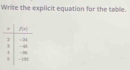 Write the explicit equation for the table.