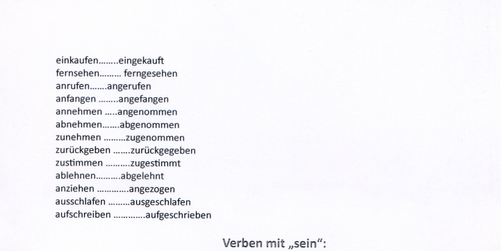 einkaufen ........eingekauft 
fernsehen......... ferngesehen 
anrufen.......angerufen 
anfangen ........angefangen 
annehmen .....angenommen 
abnehmen.......abgenommen 
zunehmen ........zugenommen 
zurückgeben .......zurückgegeben 
zustimmen ..........zugestimmt 
ablehnen..........abgelehnt 
anziehen ………. .angezogen 
ausschlafen .........ausgeschlafen 
aufschreiben ..... aufgeschrieben 
Verben mit „sein“: