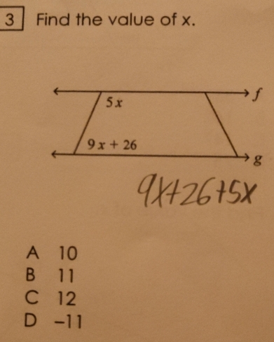 Find the value of x.
A 10
B 11
C 12
D -11