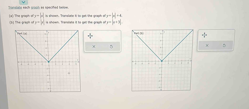 Translate each graph as specified below.
(a) The graph of y=|x| is shown. Translate it to get the graph of y=|x|+4.
(b) The graph of y=|x| is shown. Translate it to get the graph of y=|x+3|.

× S
× 5