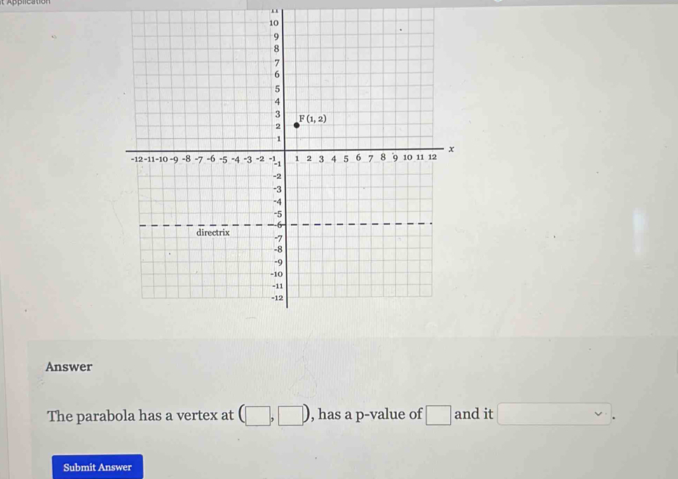 Answer
The parabola has a vertex at (□ ,□ ) , has a p-value of □ and it □ .
Submit Answer