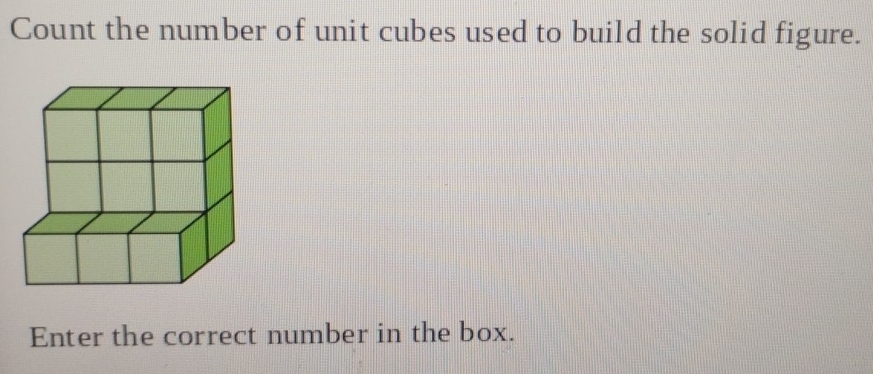 Count the number of unit cubes used to build the solid figure. 
Enter the correct number in the box.