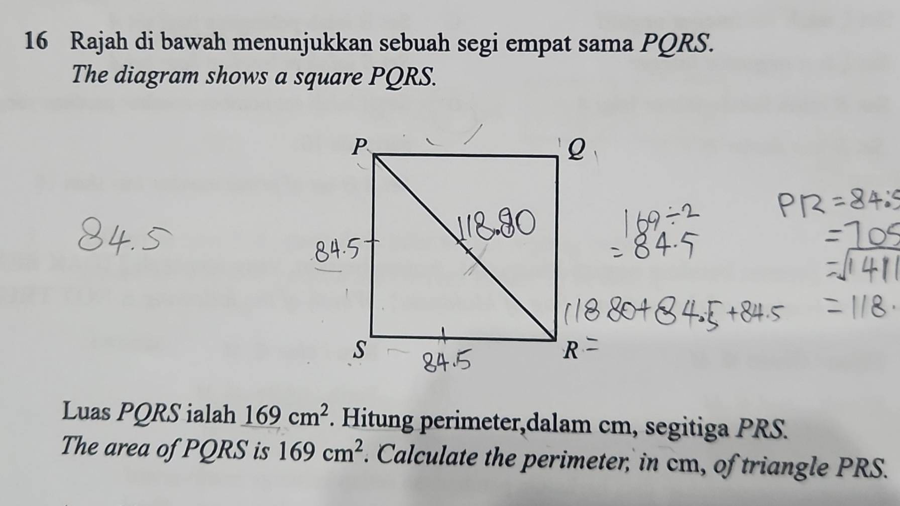 Rajah di bawah menunjukkan sebuah segi empat sama PQRS. 
The diagram shows a square PQRS. 
Luas PQRS ialah 169cm^2. Hitung perimeter,dalam cm, segitiga PRS. 
The area of PQRS is 169cm^2. Calculate the perimeter, in cm, of triangle PRS.