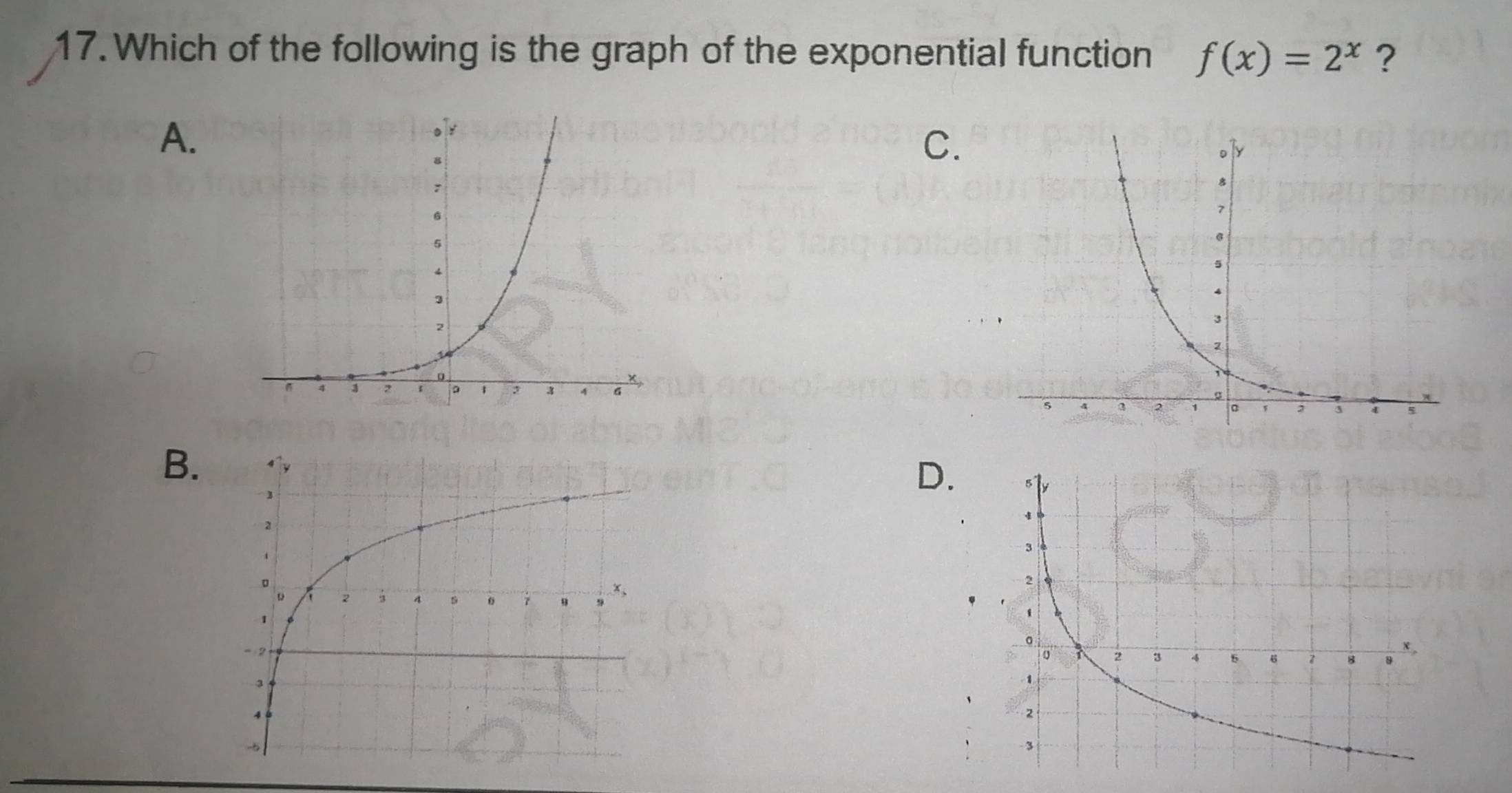 Which of the following is the graph of the exponential function f(x)=2^x ?
A.
C.
B.
D.