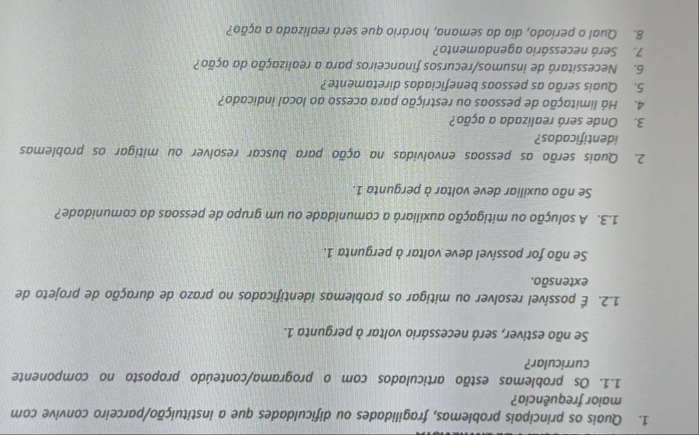 Quais os principais problemas, fragilidades ou dificuldades que a instituição/parceiro convive com 
maior frequência? 
1.1. Os problemas estão articulados com o programa/conteúdo proposto no componente 
curricular? 
Se não estiver, será necessário voltar à pergunta 1. 
1.2. É possível resolver ou mitigar os problemas identificados no prazo de duração de projeto de 
extensão. 
Se não for possível deve voltar à pergunta 1. 
1.3. A solução ou mitigação auxiliará a comunidade ou um grupo de pessoas da comunidade? 
Se não auxiliar deve voltar à pergunta 1. 
2. Quais serão as pessoas envolvidas na ação para buscar resolver ou mitigar os problemas 
identificados? 
3. Onde será realizada a ação? 
4. Há limitação de pessoas ou restrição para acesso ao local indicado? 
5. Quais serão as pessoas beneficiadas diretamente? 
6. Necessitará de insumos/recursos financeiros para a realização da ação? 
7. Será necessário agendamento? 
8. Qual o período, dia da semana, horário que será realizada a ação?