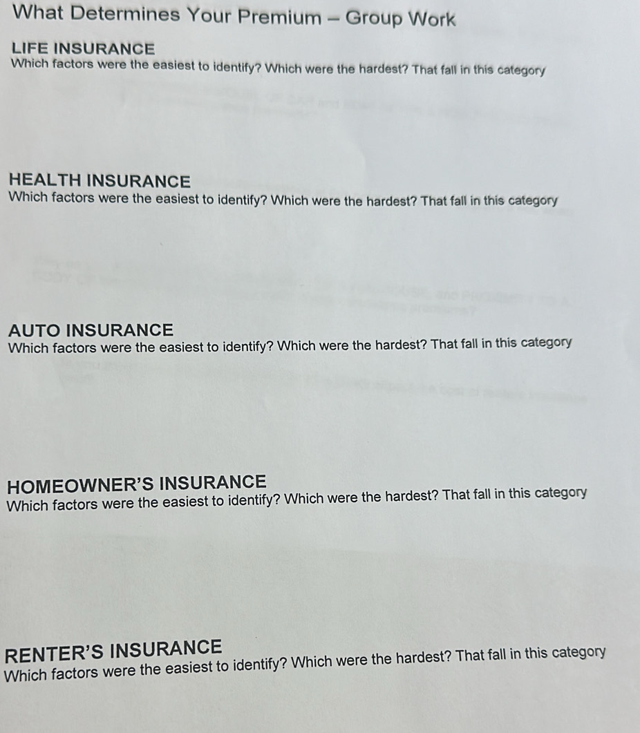 What Determines Your Premium - Group Work 
LIFE INSURANCE 
Which factors were the easiest to identify? Which were the hardest? That fall in this category 
HEALTH INSURANCE 
Which factors were the easiest to identify? Which were the hardest? That fall in this category 
AUTO INSURANCE 
Which factors were the easiest to identify? Which were the hardest? That fall in this category 
HOMEOWNER'S INSURANCE 
Which factors were the easiest to identify? Which were the hardest? That fall in this category 
RENTER'S INSURANCE 
Which factors were the easiest to identify? Which were the hardest? That fall in this category