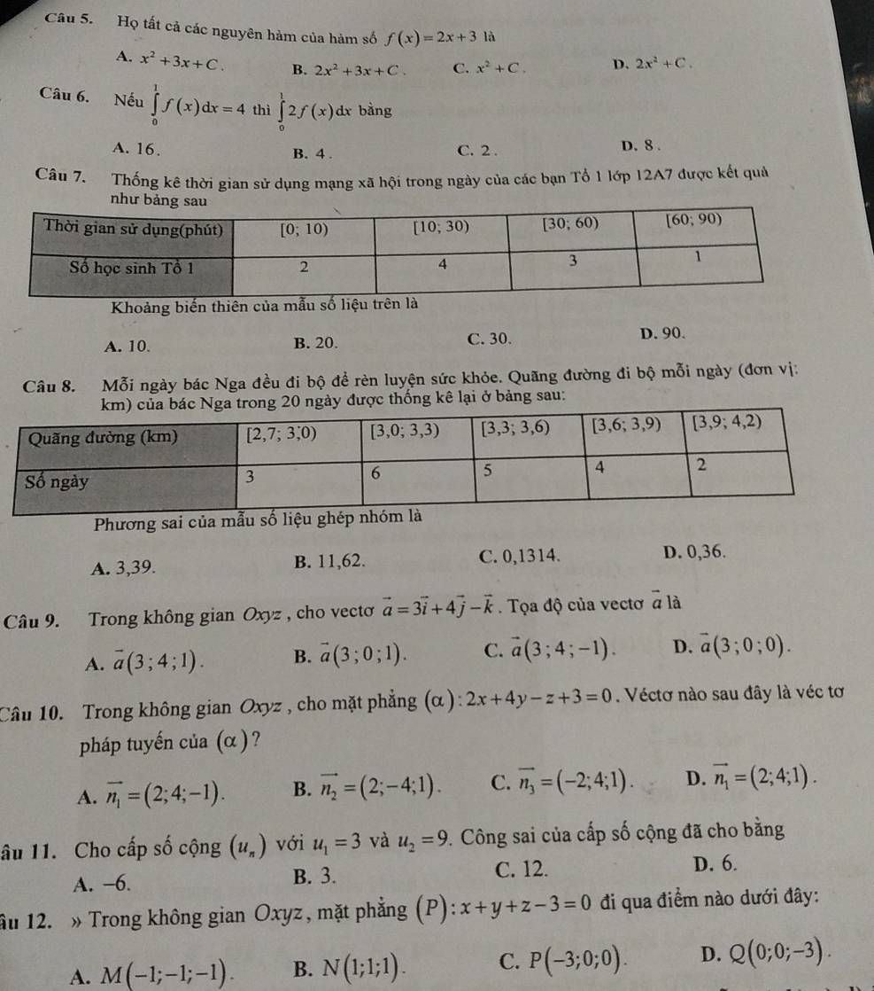 Họ tất cả các nguyên hàm của hàm số f(x)=2x+3 là
A. x^2+3x+C. B. 2x^2+3x+C. C. x^2+C. D. 2x^2+C.
Câu 6. Nếu ∈tlimits _0^(1f(x)dx=4 thì ∈tlimits _0^12f(x)dx bàng
A. 16. B. 4 . C. 2 . D. 8 .
Câu 7. Thống kê thời gian sử dụng mạng xã hội trong ngày của các bạn Tổ 1 lớp 12A7 được kết quả
Khoảng biến thiên của mẫu số liệu trên là
A. 10. B. 20. C. 30. D. 90.
Câu 8. Mỗi ngày bác Nga đều đi bộ để rèn luyện sức khỏe. Quãng đường đi bộ mỗi ngày (đơn vị:
ngày được thống kê lại ở bảng sau:
Phương sai của mẫu số liệu ghép nhóm là
A. 3,39. B. 11,62.
C. 0,1314. D. 0,36.
Câu 9. Trong không gian Oxyz , cho vectoơ vector a)=3vector i+4vector j-vector k. Tọa độ của vectơ vector a1 à
A. overline a(3;4;1). B. vector a(3;0;1). C. vector a(3;4;-1). D. overline a(3;0;0).
Câu 10. Trong không gian Oxyz , cho mặt phẳng (α ) : 2x+4y-z+3=0. Véctơ nào sau đây là véc tơ
pháp tuyến của (α ) ?
A. vector n_1=(2;4;-1). B. vector n_2=(2;-4;1). C. vector n_3=(-2;4;1). D. vector n_1=(2;4;1).
âu 11. Cho cấp số cộng (u_n) với u_1=3 và u_2=9 1. Công sai của cấp số cộng đã cho bằng
A. −6. B. 3. C. 12. D. 6.
ầu 12. » Trong không gian Oxyz, mặt phẳng (P):x+y+z-3=0 đi qua điểm nào dưới đây:
A. M(-1;-1;-1). B. N(1;1;1). C. P(-3;0;0). D. Q(0;0;-3).