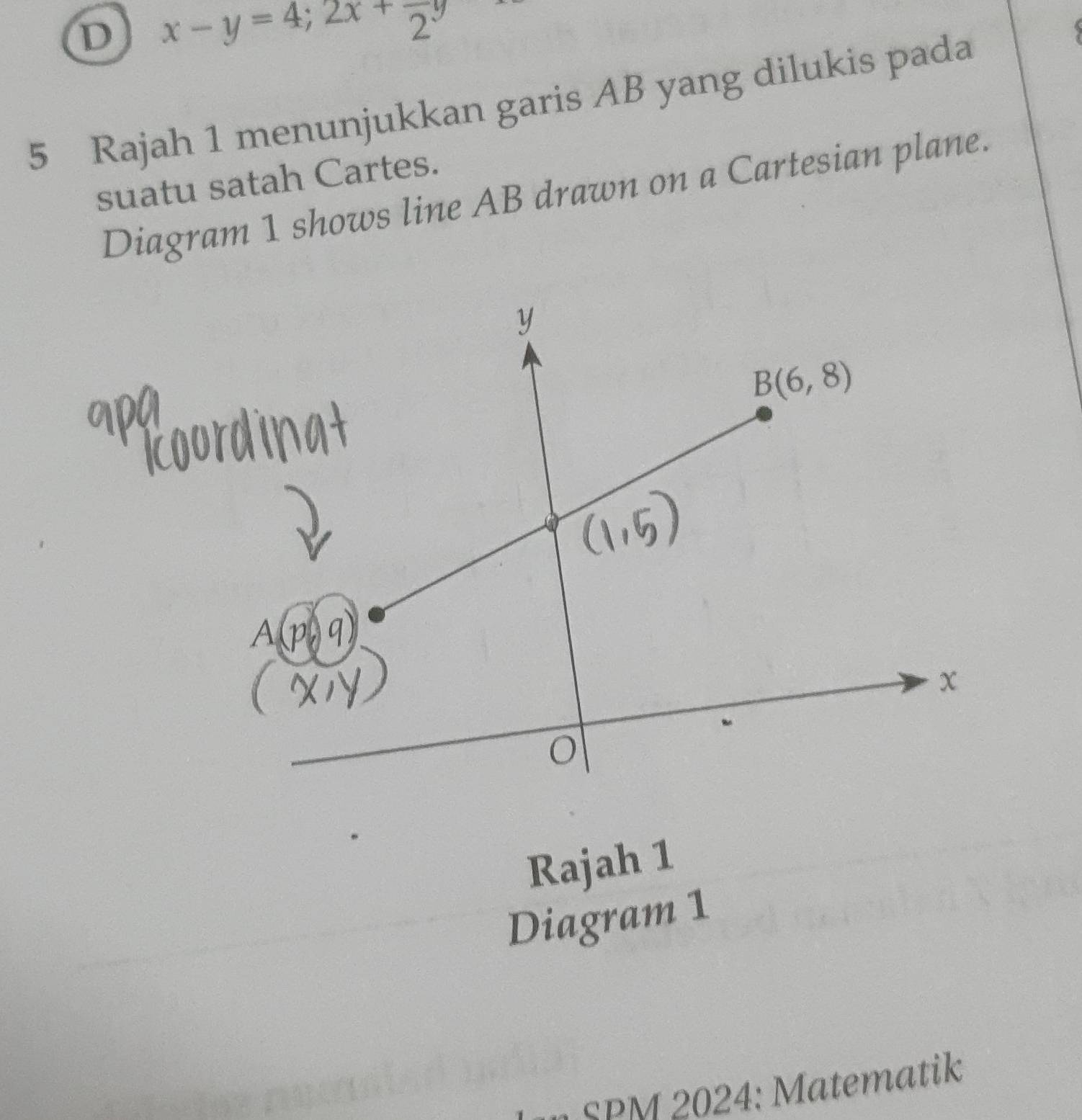 x-y=4;2x+frac 2y
5 Rajah 1 menunjukkan garis AB yang dilukis pada
suatu satah Cartes.
Diagram 1 shows line AB drawn on a Cartesian plane.
Rajah 1
Diagram 1
n SPM 2024: Matematik