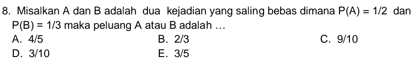 Misalkan A dan B adalah dua kejadian yang saling bebas dimana P(A)=1/2 dan
P(B)=1/3 maka peluang A atau B adalah ...
A. 4/5 B. 2/3 C. 9/10
D. 3/10 E. 3/5