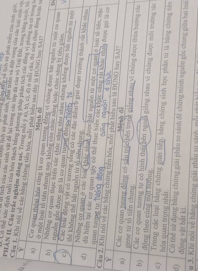 lung gián tiếp về lịch sử phát triển của sinh giới.
được lịch sử phát sinh, phát triên và diệt vong của các loài sinh vật
di tích của các sinh vật đề lại trong các lớp đá của vỏ Trái Đất, trong băng tuyết, hỗ
Có thể xác định tuổi của hóa thạch bằng phương pháp phân tích các đồng vị phóng xạ có trong h
Y
PHÀN II. Câu trắc nghiệm đúng sai. Trong mỗi ý a), b), c), d) ở mỗi câu, thí sinh chọn đúng hoặc sa
Ví
Câu 1. Khi nói về các bằng chứng tiến hóa, mỗi phát biểu sau đây là ĐÚNG hay SAI?
Mệnh đề
a) Cơ quan thóai hóa cũng là cơ quan tương đồng vì chúng được bắt nguồn từ một cơ quan
lở một loài tổ tiên nhưng nay không còn chức năng hoặc chức năng bị tiêu giảm.
Đí
b) Những cơ quan thực hiện các chức năng như nhau nhưng không được bắt nguôn từ một
nguồn gốc được gọi là cơ quan tượng đồng
c) Các loài động vật có xương sống có các đặc điểm ở giai đoạn trưởng thành rất khác nhau
thì không thể bắt nguồn từ tổ tiên chung.
Những cơ quan ở các loài khác nhau được bắt nguồn từ một cơ quan ở loài tô tiên, mặc
quan tương tự.
d) dù hiện tại các cơ quan này có thể thưc hiên các chức năng rất khác nhay được gọi là cơ
Ý
Câu 2. Khi nói về các bằng chứng tiến hóa, mỗi phắt biểu sau là ĐÚNG hay SAI?
Mệnh đề
a) Các cơ quan tương đồng có cấu trúc bên trong giống nhau vì chúng được thừa hưởng các
gene từ tổ tiên chung.
b) Các cơ quan tương tự có hình thái(bên ngoài giống nhau vì chúng được môi trường tác
động theo cùng một hưởng.
Trong các loại bằng chứng gián tiếp, bằng chứng sinh học phân tử là băng chứng tiến
c) hóa quan trọng nhất.
d)
Có thể sử dụng bằng chứng giải phẫu so sánh đề chứng minh nguồn gốc chung giữa hai loài
động vật bất kì.
Su 3. Khi nói vê băng chứng giải phẫu so sánh, mỗi phát