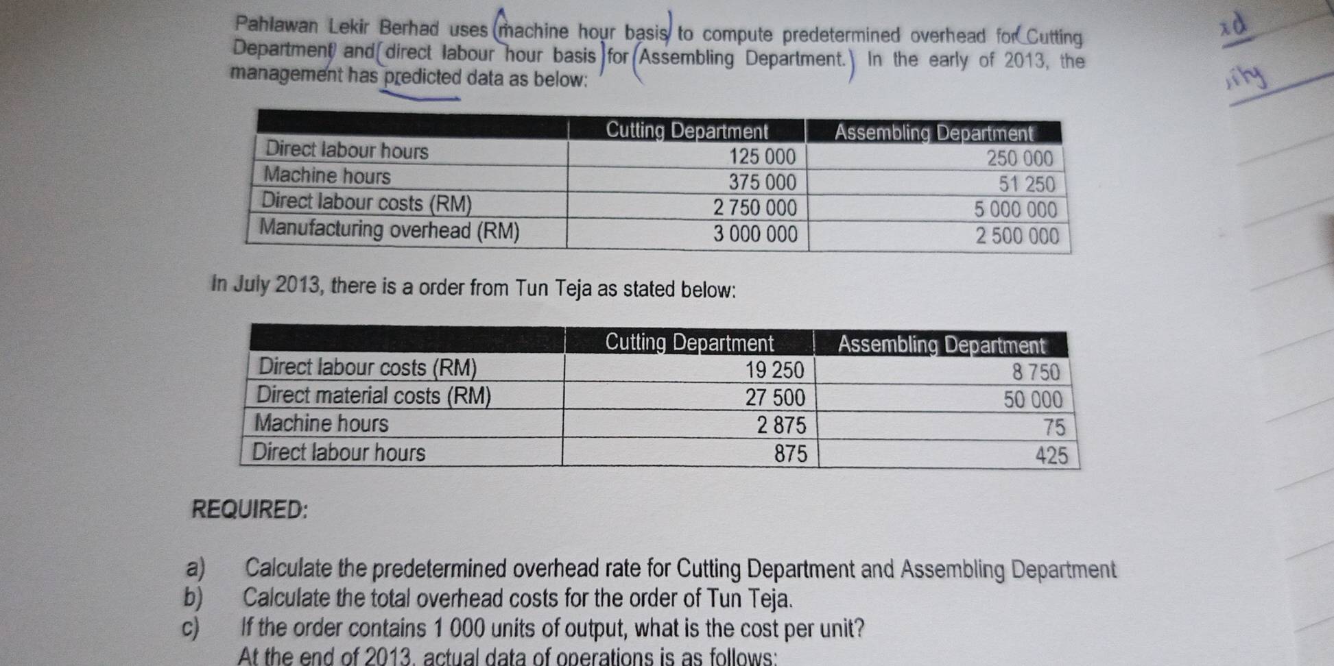 Pahlawan Lekir Berhad uses machine hour basis to compute predetermined overhead for Cutting 
Department and direct labour hour basis for Assembling Department. In the early of 2013, the 
management has predicted data as below: 
In July 2013, there is a order from Tun Teja as stated below: 
REQUIRED: 
a) Calculate the predetermined overhead rate for Cutting Department and Assembling Department 
b) Calculate the total overhead costs for the order of Tun Teja. 
c) If the order contains 1 000 units of output, what is the cost per unit? 
At the end of 2013, actual data of operations is as follows: