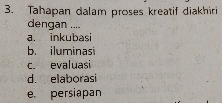 Tahapan dalam proses kreatif diakhiri
dengan ....
a. inkubasi
b. iluminasi
c. evaluasi
d. elaborasi
e. persiapan