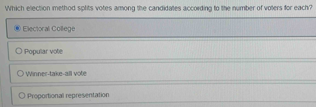 Which election method splits votes among the candidates according to the number of voters for each?
Electoral College
Popular vote
Winner-take-all vote
Proportional representation