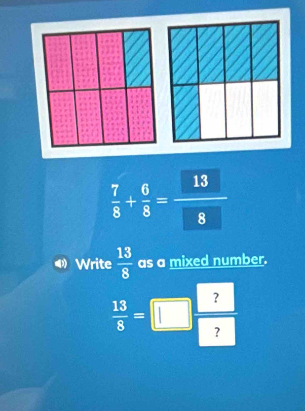  7/8 + 6/8 = 13/8 
Write  13/8  as a mixed number.
 13/8 =□  ?/? 