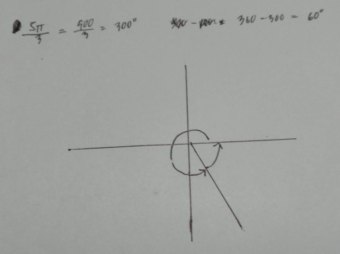  5π /3 = 900/3 =300° 300-400=360-300=60°