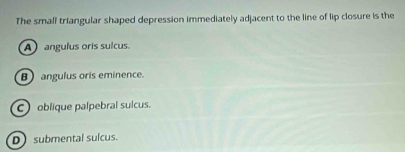 The small triangular shaped depression immediately adjacent to the line of lip closure is the
A angulus oris sulcus.
B) angulus oris eminence.
C oblique palpebral sulcus.
D submental sulcus.