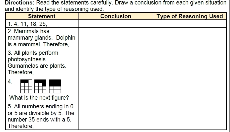 Directions: Read the statements carefully. Draw a conclusion from each given situation 
a 
Therefore,