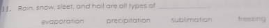 Rain, snow, sleet, and hail are all types of_
evaporation precipitation sublimation freezing