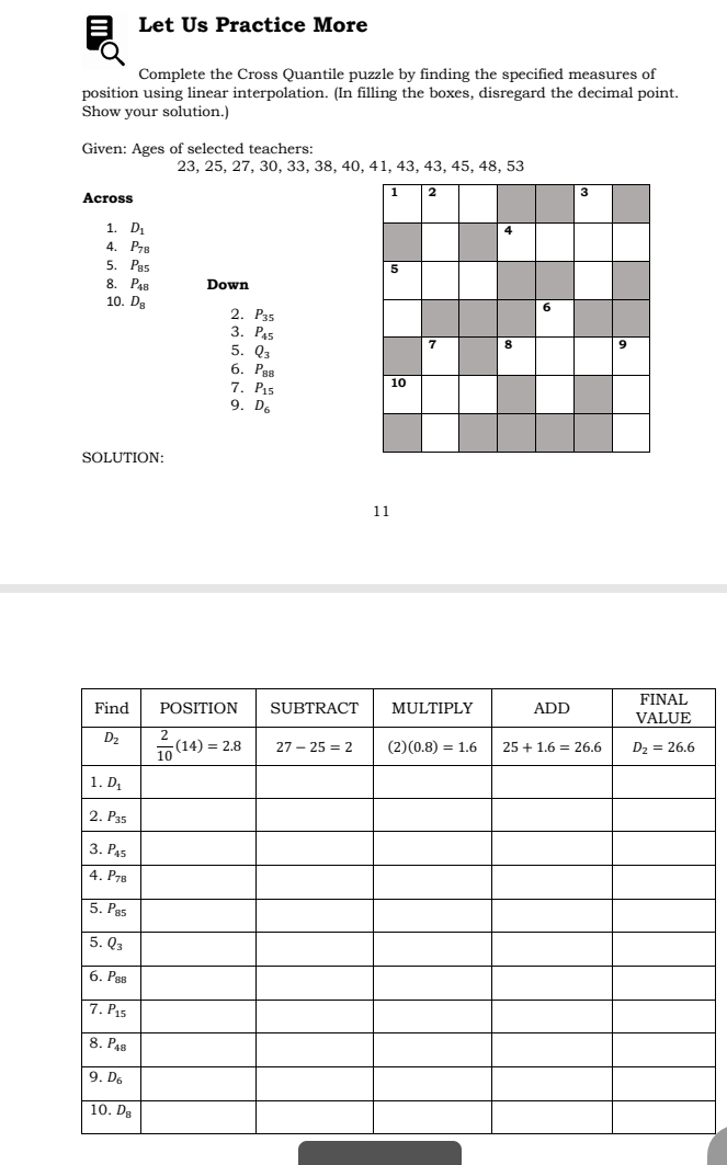 Let Us Practice More
Complete the Cross Quantile puzzle by finding the specified measures of
position using linear interpolation. (In filling the boxes, disregard the decimal point.
Show your solution.)
Given: Ages of selected teachers:
23, 25, 27, 30, 33, 38, 40, 41, 43, 43, 45, 48, 53
Across
1 2
3
1. D_1 4
4. P_78
5. P_85 5
8. P_48 Down
10. D_8 2. P_35
6
3. P_45
5. Q_3
7 8 9
6. P_88 10
7. P_15
9. D_6
SOLUTION:
11