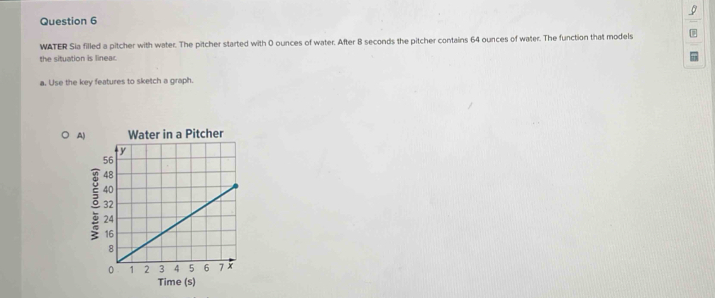 WATER Sia filled a pitcher with water. The pitcher started with 0 ounces of water. After 8 seconds the pitcher contains 64 ounces of water. The function that models 
the situation is linear. 
a. Use the key features to sketch a graph. 
A) 
Time (s)