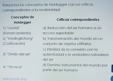 Relaciona los conceptos de Heidegger con sus críticas
correspondientes a la modernidad:
Conceptos de Críticas correspondientes
Heidegger
1) "Gestell" a) Reducción del ser humano a un
(Enmarcamiento) recurso explotable
2) ''Verdinglichung'' b) Transformación del mundo en un
(Cosificación) conjunto de objetos utilitarios
c) Pérdida de la conexión con la
3) ''Olvido del ser'' autenticidad y la verdadera naturaleza
del ser
d) Dominio instrumental del mundo por
4) ''Técnica'' parte del ser humano
Seleccione una: