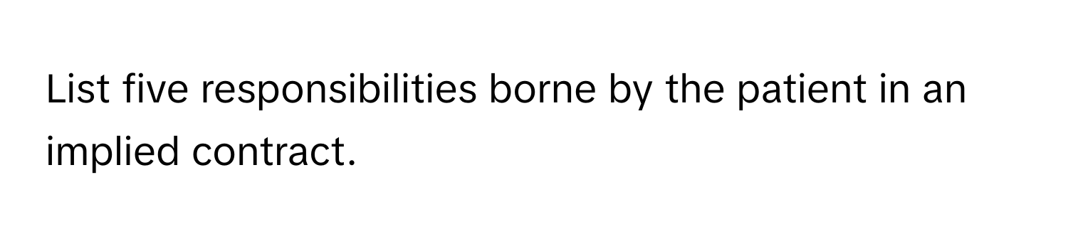 List five responsibilities borne by the patient in an implied contract.