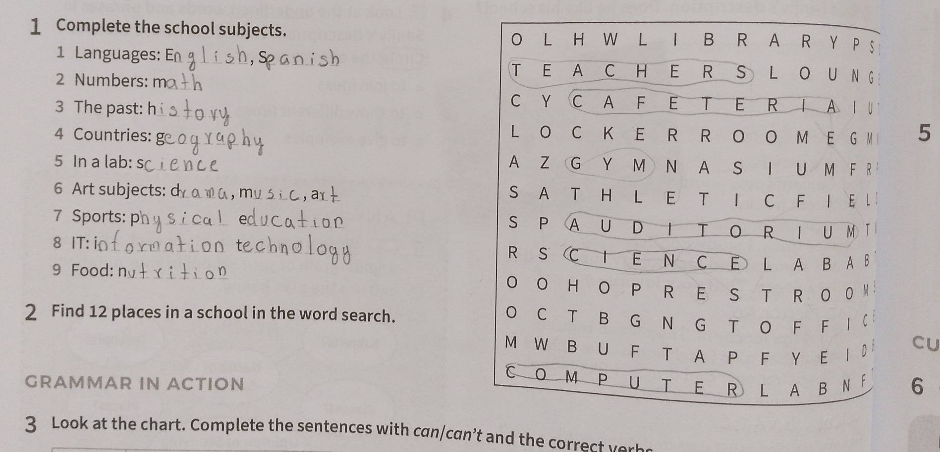 Complete the school subjects. 
1 Languages: 
2 Numbers: 
3 The past: 
4 Countries: 
5 
5 In a lab: s 
6 Art subjects: 
7 Sports: 
8 IT: 
9 Food: 
2 Find 12 places in a school in the word search. 
CU 
6 
GRAMMAR IN ACTION 
3 Look at the chart. Complete the sentences with can/can't and the correct v e b