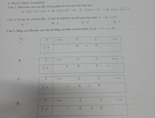 phản trác nghiệm
Câu 1. Biểu thức nào sau đây không phải là một tam thức bậc hai?
A. f(x)=3x^2+2x-5 , B. f(x)=2x^2-4x C. f(x)=1-x^2. D. f(x)=sqrt(x^2+1).
Câu 2. Trong các số dưới đây, số nào là nghiệm của bắt phương trình x^2-2x-1≥ 0
A. | B. 2 C. 0 D. 3
Câu 3. Bảng xét đấu nào sau đây là bảng xét đấu của tam thức f(x)=-x^2-x+6 ?
A.
B.
C.
D.