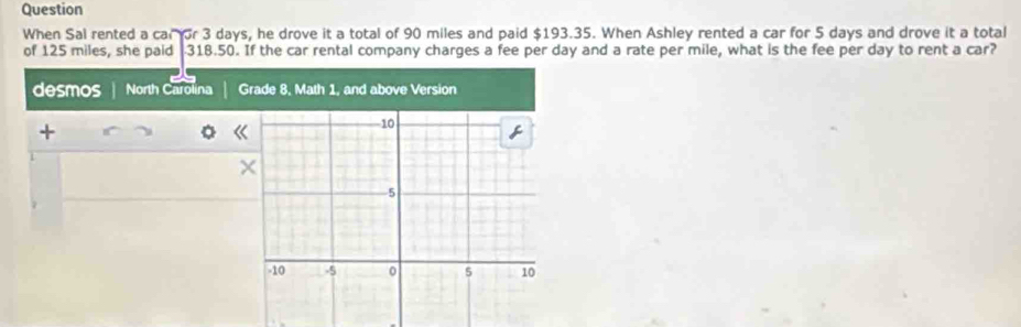 Question 
When Sal rented a car or 3 days, he drove it a total of 90 miles and paid $193.35. When Ashley rented a car for 5 days and drove it a total 
of 125 miles, she paid 318.50. If the car rental company charges a fee per day and a rate per mile, what is the fee per day to rent a car? 
desmos North Carolina Grade 8, Math 1, and above Version 
+ 
×