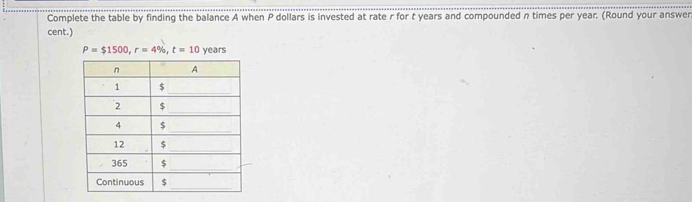 Complete the table by finding the balance A when P dollars is invested at rate r for t years and compounded n times per year. (Round your answer 
cent.)
P=$1500, r=4% , t=10 years