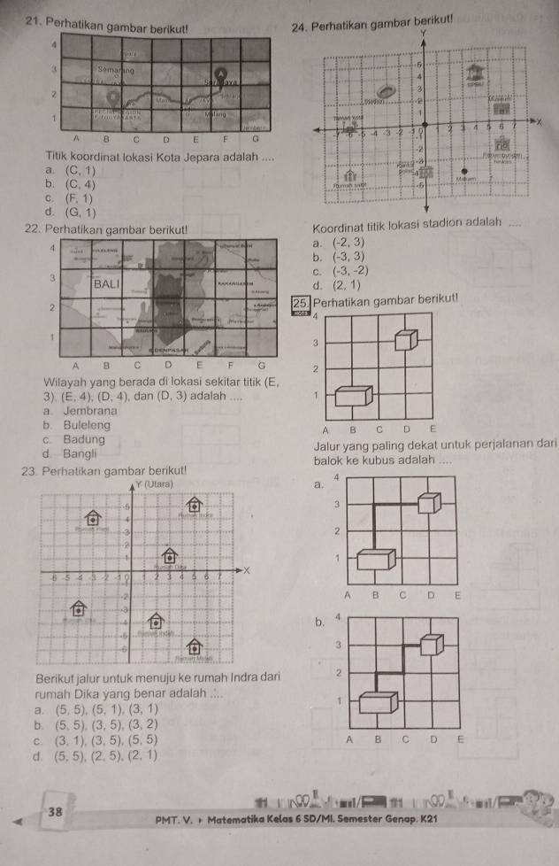 Perhatikan gambar berikut!
24. Perhatikan gambar berikut!
Titik koordinat lokasi Kota Jepara adalah ....
a (C,1)
b. (C,4)
C. (F,1)
d. (G,1)
22. Perhatikan gambar berikut!
Koordinat titik lokasi stadion adalah
a. (-2,3)
b. (-3,3)
C. (-3,-2)
d. (2,1)
5 Perhatikan gambar berikut!
o A
3
2
Wilayah yang berada di lokasi sekitar titik (E,
3) (E,4), (D,4) dan (D,3) adalah 1
a Jembrana
b. Buleleng A B C D E
c. Badung
d Bangli Jalur yang paling dekat untuk perjalanan dari
balok ke kubus adalah ....
23. Perhatikan gambar berikut!
a. 4
3
2
1
A B C
b. 4 D E
3
Berikut jalur untuk menuju ke rumah Indra dari 2
rumah Dika yang benar adalah .:..
1
a. (5,5), (5,1), (3,1)
b. (5,5), (3,5),(3,2)
C (3,1),(3,5), (5,5)
A B C D E
d. (5,5), (2,5), (2,1)
38 m 11
PMT. V. + Matematika Kelas 6 SD/MI. Semester Genap. K21