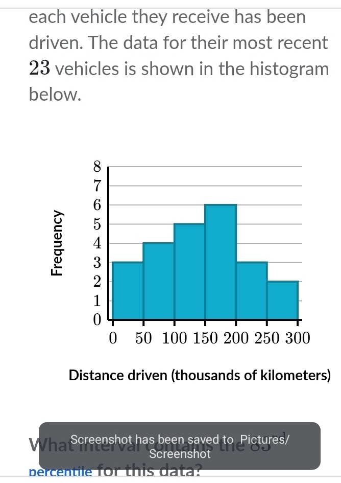 each vehicle they receive has been 
driven. The data for their most recent
23 vehicles is shown in the histogram 
below. 
Distance driven (thousands of kilometers) 
Screenshot has been saved to Pictures/ 
Screenshot 
percentile for this data?