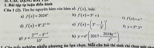 Bài tập tự luận điển hình 
Câu 1(2) . Tìm họ nguyên hàm của hàm số f(x) , biết: 
a) f(x)=2024^x b) f(x)=5^x+1 c) f(x)=e^(-x)
d) f(x)=8^x.2^(1-2x) e) f(x)=(3^x- 1/3^x )^2 f) y=2^(3x).3^(2x)
g) y= (2^(x+1)-5^(x-1))/10^x  h) y=e^x(2017- (2018e^(-x))/x^5 )
u trắc nghiêm nhiều phương án lựa chọn. Mỗi câu hỏi thí sinh chỉ chọn một phụ