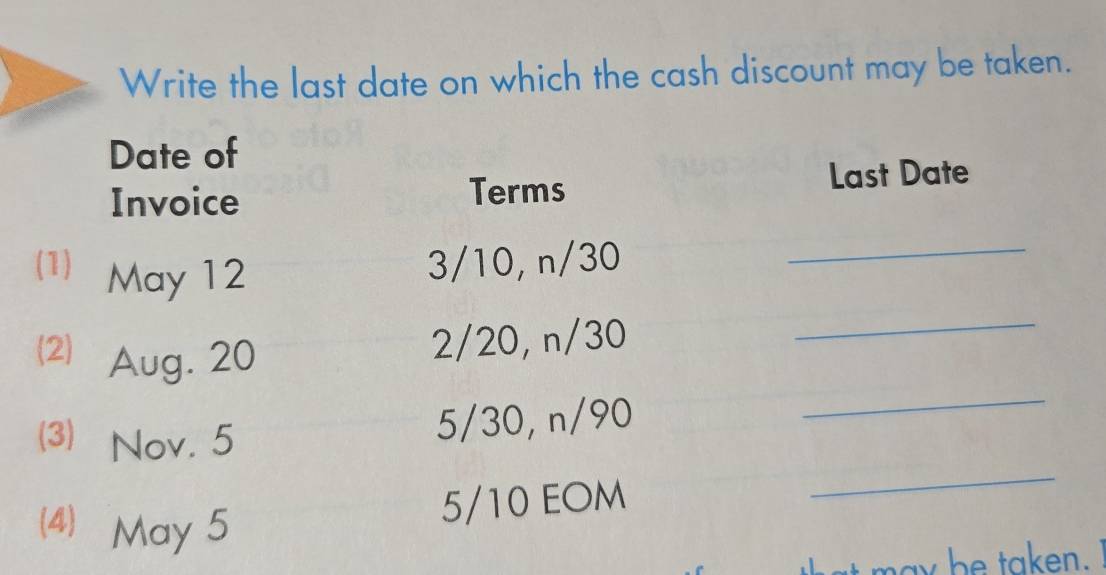 Write the last date on which the cash discount may be taken. 
Date of 
Invoice Terms Last Date 
(1) May 12
3/10, n/30 _ 
(2) Aug. 20
2/20, n/30
_ 
(3) Nov. 5
5/30, n/90
_ 
_ 
(4) May 5
5/10 EOM 
may b e taken.