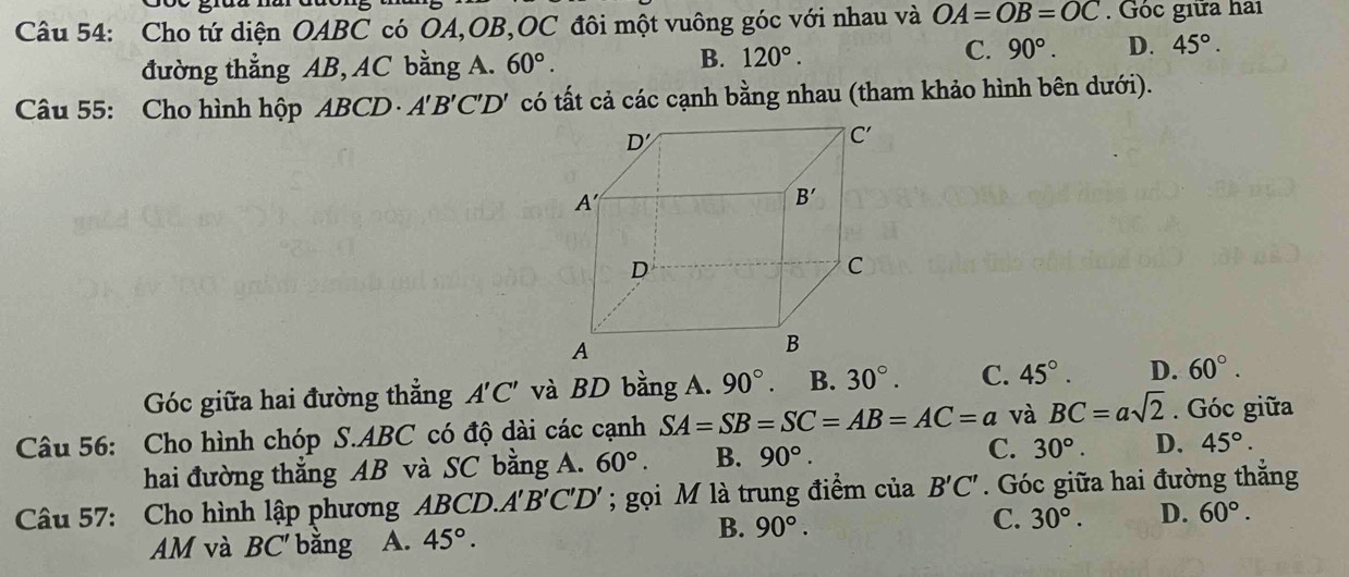 Cho tứ diện OABC có OA,OB,OC đôi một vuông góc với nhau và OA=OB=OC. Góc giữa hai
đường thẳng AB, AC bằng A. 60°.
B. 120°.
C. 90°. D. 45°.
Câu 55: Cho hình hộp ABCD· A'B'C'D' có tất cả các cạnh bằng nhau (tham khảo hình bên dưới).
Góc giữa hai đường thắng A'C' và BD bằng A. 90° B. 30°. C. 45°. D. 60°.
Câu 56: Cho hình chóp S.ABC có độ dài các cạnh SA=SB=SC=AB=AC=a và BC=asqrt(2). Góc giữa
hai đường thẳng AB và SC bằng A. 60°. B. 90°. C. 30°. D. 45°.
Câu 57: Cho hình lập phương ABCD.A 'B'C'D';  gọi M là trung điểm ciaB'C'. Góc giữa hai đường thẳng
AM và BC' bằng A. 45°.
B. 90°. C. 30°. D. 60°.